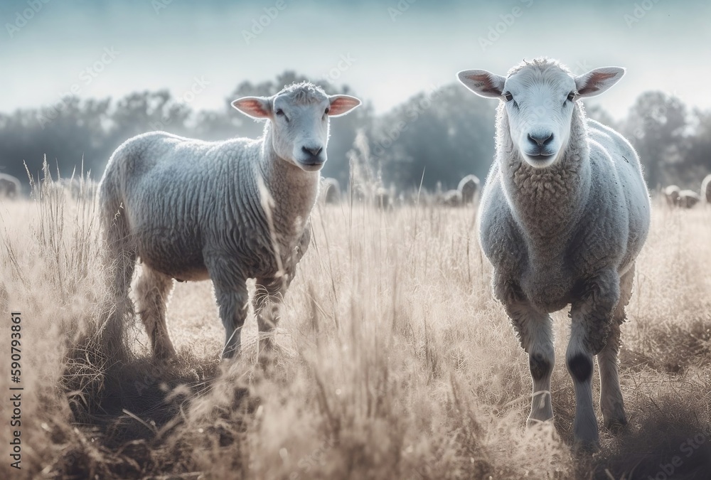 2 sheep wandering the wheat fields