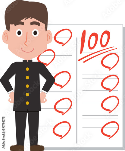 テストで100点をとる学ラン姿の男子学生のイラスト