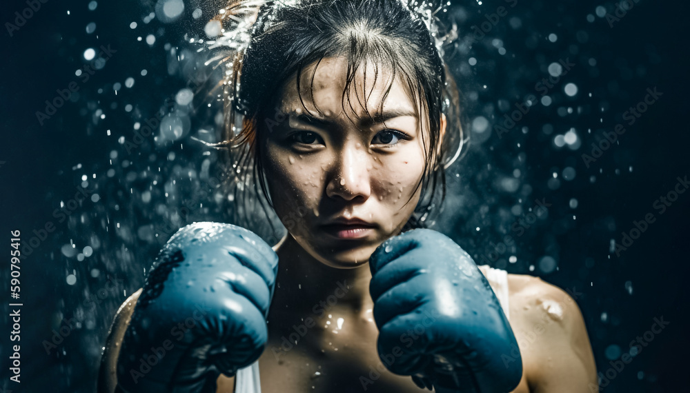 Japanese Boxer Girl is Boxing at Rainy Outdoor field, Wet her body with a cinematic mood and tone. generative AI