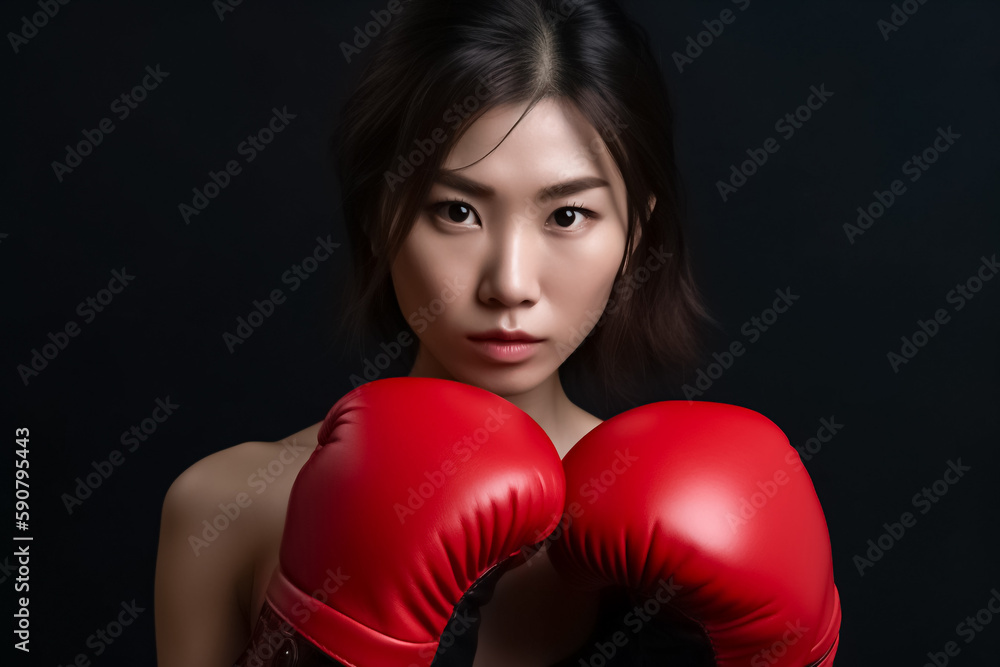 Beautiful Asian woman, wearing red boxing gloves, is lifting her arms to strike a boxing pose in a posted photo on Dark Background. generative AI. Beautiful Asian woman, wearing red boxing gloves, is lifting her arms to strike a boxing pose in a posted photo on Dark Background. generative AI.