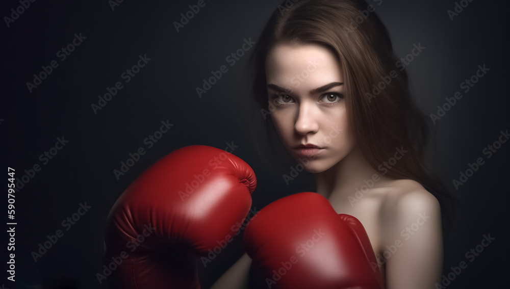 International Amerian European woman, wearing red boxing gloves, is lifting her arms to strike a boxing pose in a posted photo. generative AI.