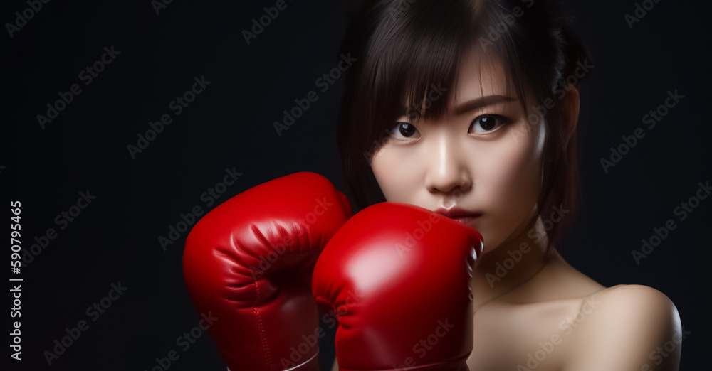 Beautiful Asian woman, wearing red boxing gloves, is lifting her arms to strike a boxing pose in a posted photo on Dark Background. generative AI. Beautiful Asian woman, wearing red boxing gloves, is lifting her arms to strike a boxing pose in a posted photo on Dark Background. generative AI.