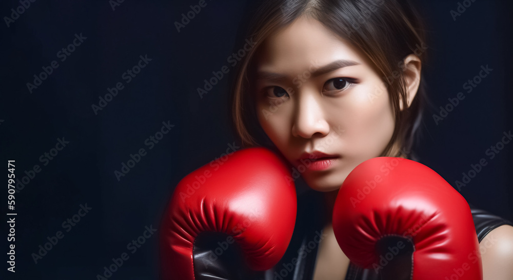 Beautiful Asian woman, wearing red boxing gloves, is lifting her arms to strike a boxing pose in a posted photo on Dark Background. generative AI.