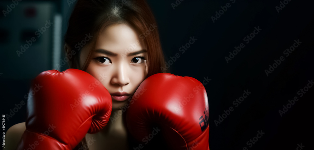 Beautiful Asian woman, wearing red boxing gloves, is lifting her arms to strike a boxing pose in a posted photo on Dark Background. generative AI.