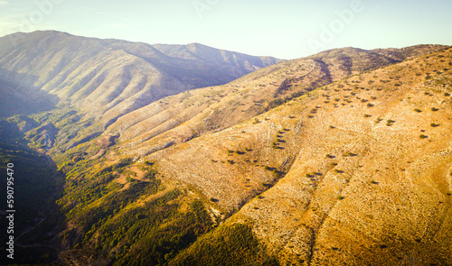 Panorama dramatic grand valleys in Albania from aerial perspective. Hiking and mountains in Balkans.