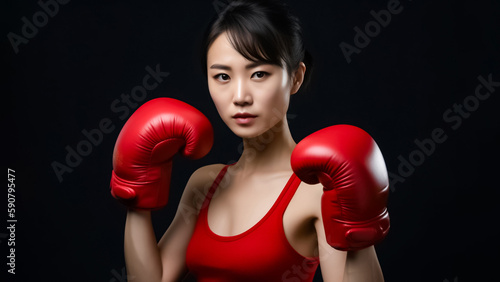 Beautiful Asian woman, wearing red boxing gloves, is lifting her arms to strike a boxing pose in a posted photo on Dark Background. generative AI.