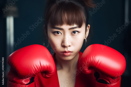 Beautiful Asian woman, wearing red boxing gloves, is lifting her arms to strike a boxing pose in a posted photo on Dark Background. generative AI. © Surachetsh
