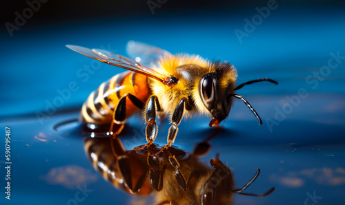 Yellow worker bee sitting on water surface. Honey insect and its reflection in water. Close up. Blue backdrop. Generative AI. photo