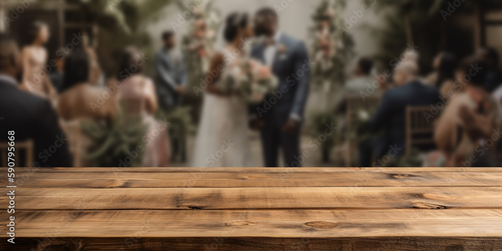 Empty wooden counter table top for product display with a wedding scene background. Generative ai Empty wooden counter table top for product display with a wedding scene background. Generative ai