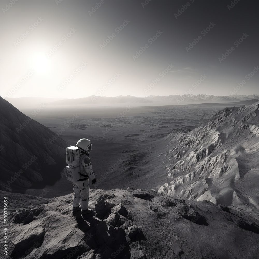 An astronaut standing on the edge of a massive crater on a foreign ...