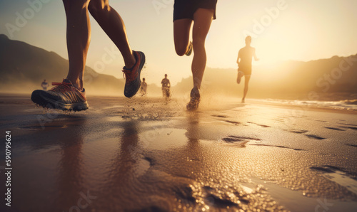 Sportsmen run by the wet sand on the beach at sunset. Healthy lifestyle, sport concept. Blurred backdrop. Generative AI.