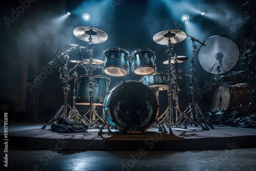 Drum set on stage for band with spot lighting spotlight. Generation AI