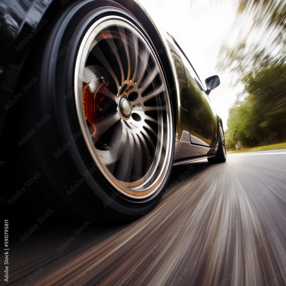Car running quickly by the road. Tire of the modern vehicle during the movement. Close up. Low angle view. Generative AI.