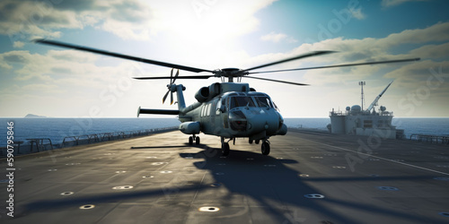 Large helicopter standing on the empty board of military warship. Sea at backdrop. Generative AI.