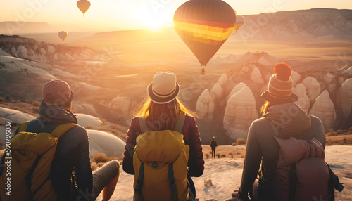 Cappadocia team friends tourists with backpacks watch hot air balloon on sunset light. Concept Turkey Travel banner. Generation AI