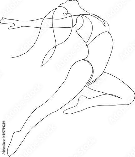 One single line drawing of young beauty dancer woman on jumping exercise. Choreographic move concept. Flight, passion modern continuous line draw design. Vector illustration.