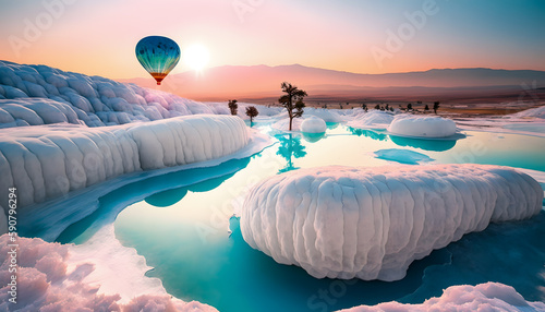 Landscape Pamukkale with hot Air Balloon on sunset, Travel Turkey. Generation AI photo