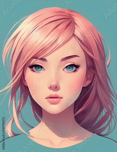 A girl with a hair pink in cartoon art paining , Digital Painting. AI Generated.
