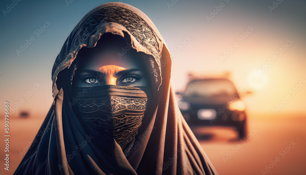 Portrait Muslim women driving car. Arabic Islam female is driver. AI