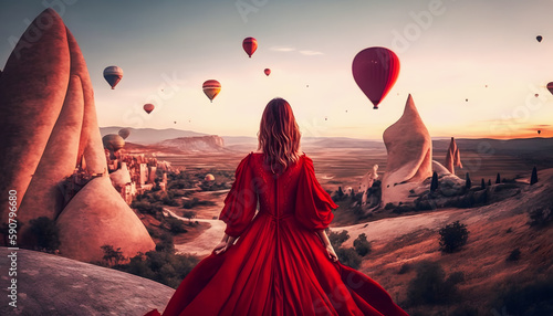 Beautiful woman in red dress standing and looking to hot air balloons in Cappadocia, Turkey. Concept travel Goreme. Generation AI