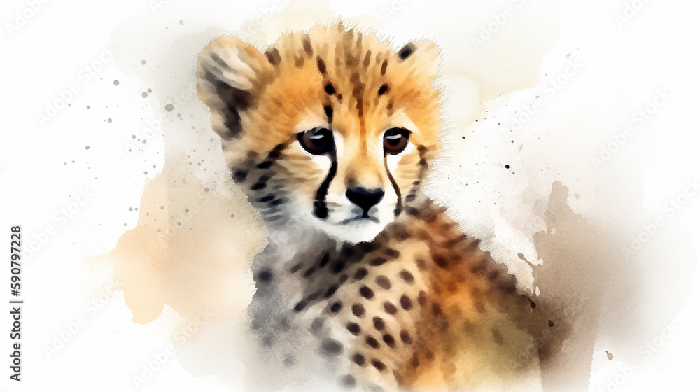 Obraz premium Watercolour of a baby cheetah created with Generative AI technology