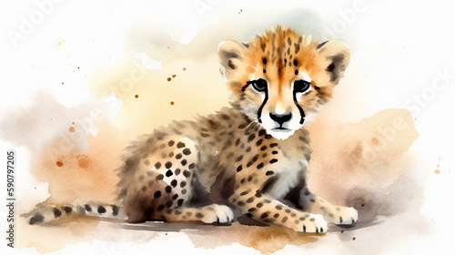 Watercolour of a baby cheetah created with Generative AI technology