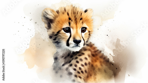Watercolour of a baby cheetah created with Generative AI technology