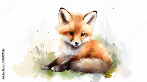 Watercolour of baby fox created with Generative AI technology