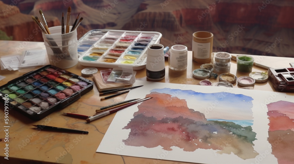 Artist office view from above with beautiful watercolors created with Generative AI technology Artist office view from above with beautiful watercolors created with Generative AI technology