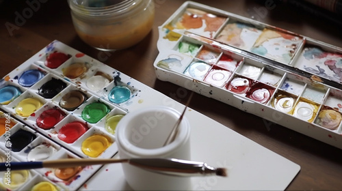 Artist office view from above with beautiful watercolors created with Generative AI technology