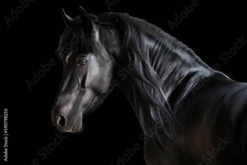 side view of a black fresian horse