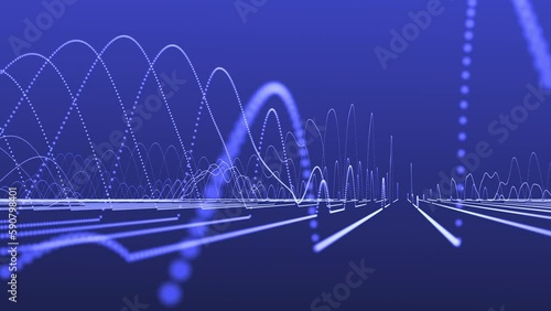 Blue oscillating sine waveform dotted lines flowing up and down towards the camera. This science frequency oscillation concept motion background is 4K and a seamless loop.