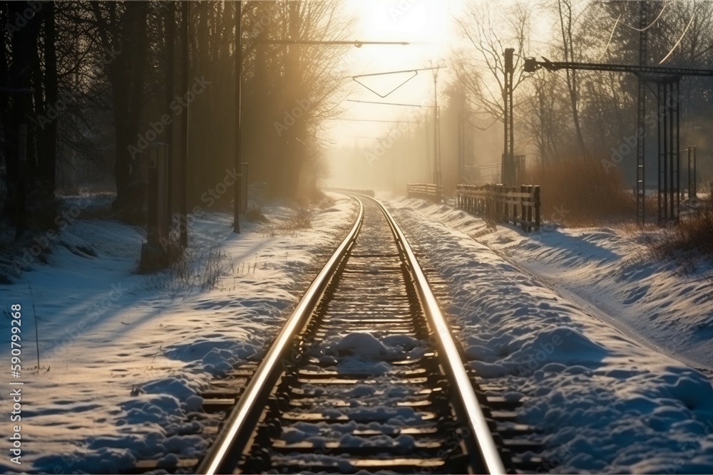 Fototapeta premium 눈 덮힌 기찻길 겨울 풍경. 인공지능 생성