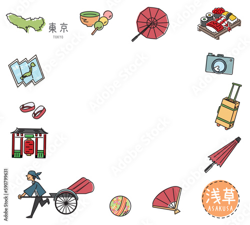 日本の東京の名物観光のアイコンのセット（線画）