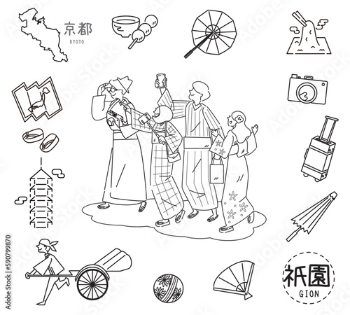 日本の京都の祇園の名物観光のアイコンと着物を着た外国からの観光客のセット（線画白黒）