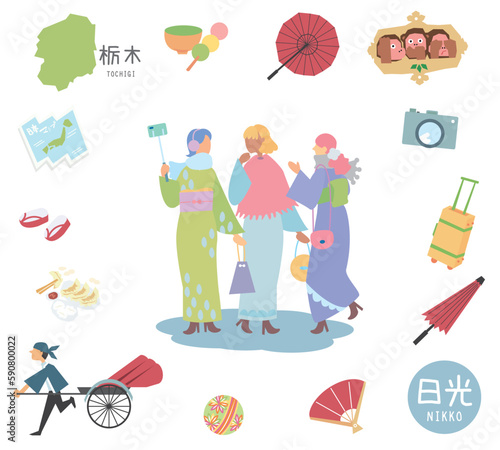冬の日本の栃木県の日光の名物観光のアイコンと着物の女友達のセット（フラット）