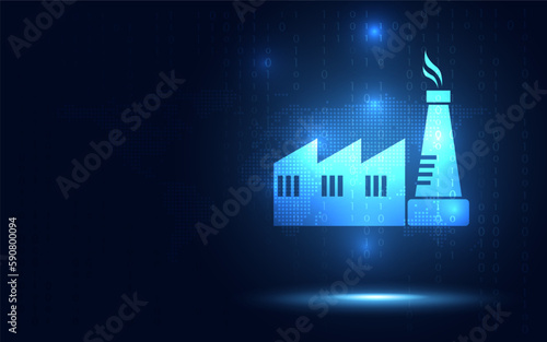 Factory industrial plant icon on blue abstract digital binary code background. Technology and Industry 4.0 concept. New futuristic system technology sign and symbol. Vector illustration.