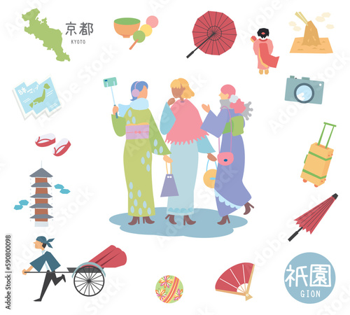 冬の日本の京都の祇園の名物観光のアイコンと着物の女友達のセット（フラット）