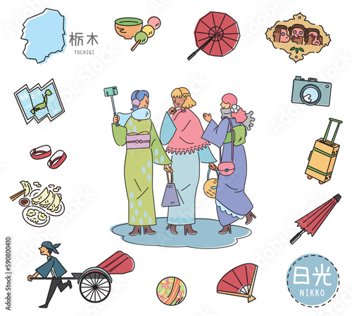 日本の栃木県の日光の名物観光のアイコンと着物の女友達のセット（線画）