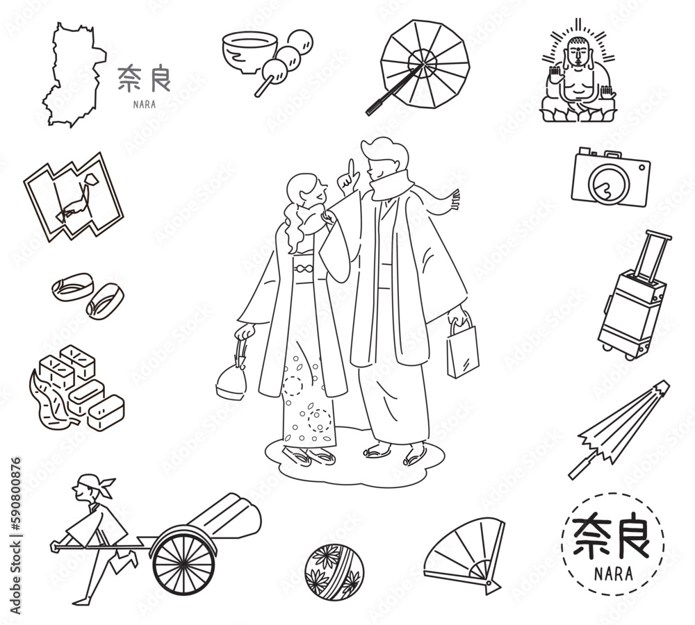 Obraz premium 日本の奈良の名物観光のアイコンと着物のカップルのセット（線画白黒）