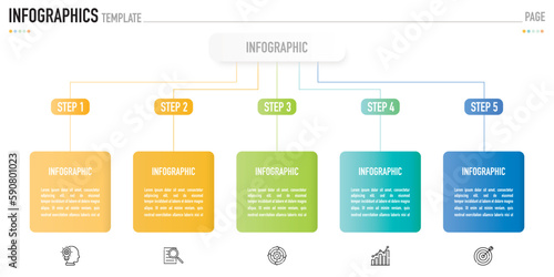 Rectangular mind map infographic template or element with 5 step, process, option, colorful rectangle, note, icons, label, tag, button, tree diagram for sale slide, internet, website, banner, brochure