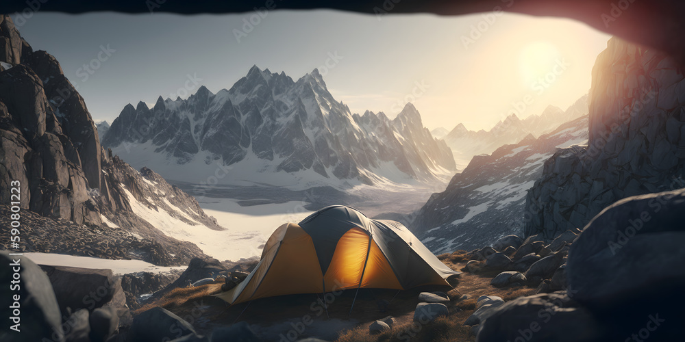 Orange tent in snow mountains Alps on sunset light, hiker travel camp. Generation AI