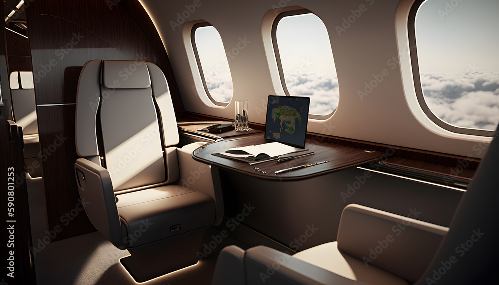Fototapeta premium luxury interior in private modern business jet and sunlight in porthole. Generation AI