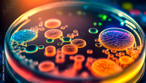 Petri dish with colony color bacteria and viruses of various shapes banner background. Concept of science and medicine. AI generation