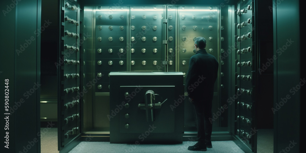 High-security safe with stainless steel lockers in a bank vault