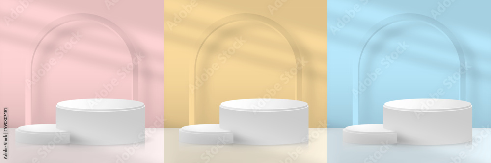 Set of abstract 3D pink, yellow, blue cylinder pedestal podium with light shadow. Pastel minimal wall scene collection. Modern vector 3D rendering platform for product display, mockup, etc. Set of abstract 3D pink, yellow, blue cylinder pedestal podium with light shadow. Pastel minimal wall scene collection. Modern vector 3D rendering platform for product display, mockup, etc.