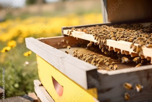 Honey bees sitting on the hive. Beekeeping concept. Generative AI