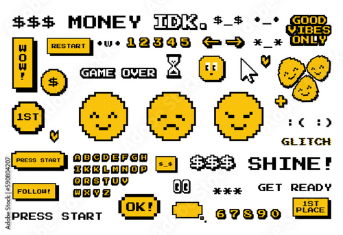 Pixel Arcade Icons, Shapes. Yellow Retro Game Y2K 90s Cursos, Smiley, Hourglass, Letters, Alphabet, Game Over, Pacman Icons. (Full Vector) photo