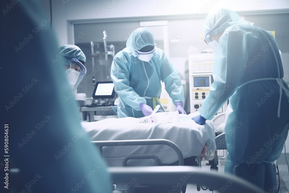 Fototapeta premium Emergency Medical Team Assisting Patient Transfers on Stretchers in ER