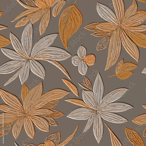 Doodle lines flowers textured 3d seamless pattern. Floral embossed background. Grunge colorful backdrop. Line art doodle flowers  leaves. Abstract hand drawn surface plants ornament in autumn colors